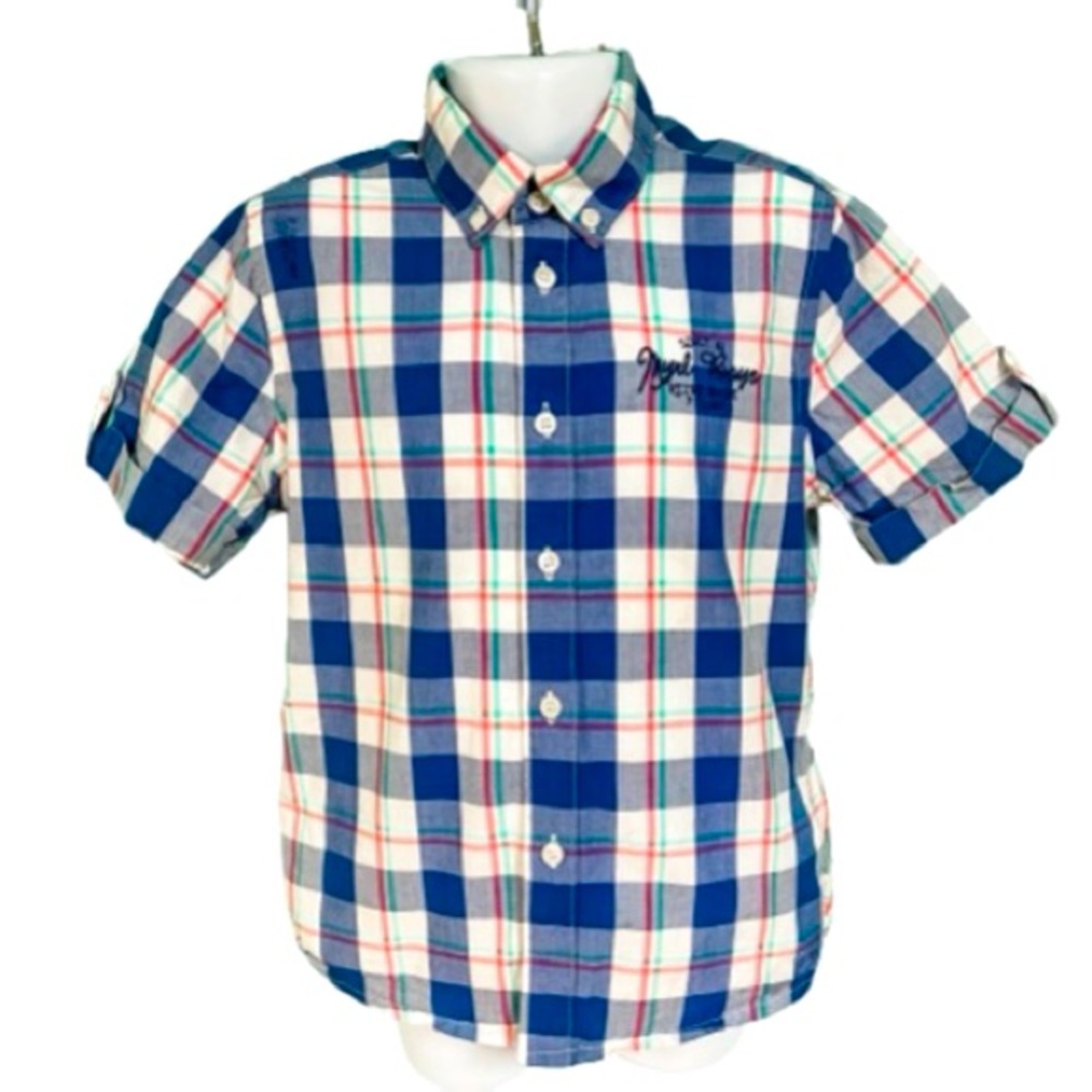 Mayoral Blue & White Plaid Short Sleeve Button Down Shirt Boys Size 4